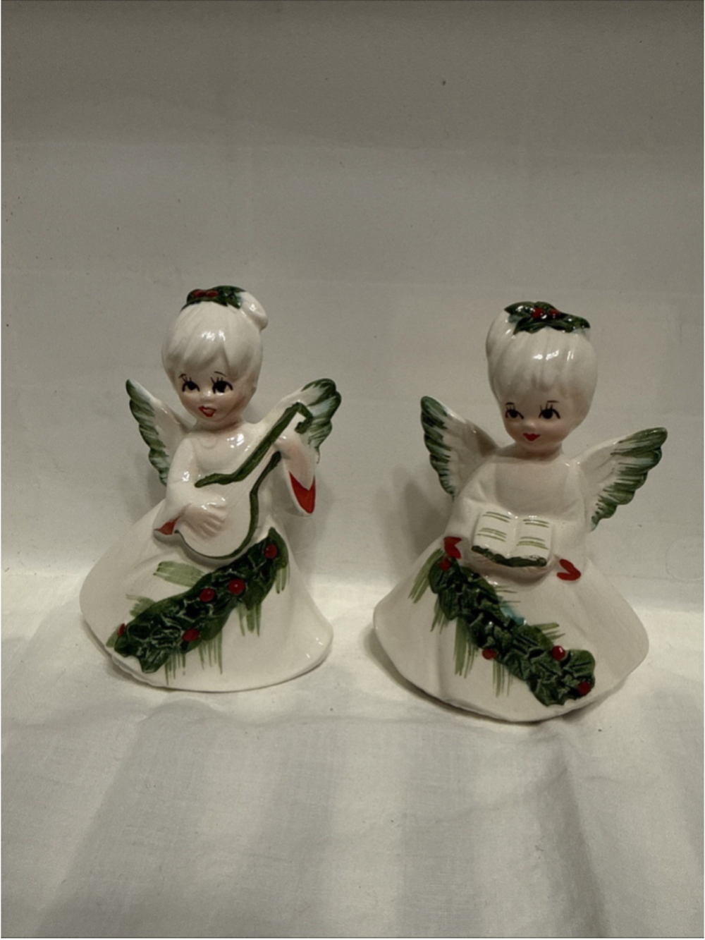 Vintage Lefton December Angel Figurines Hand Painted Porcelain Set/2 4 1/2